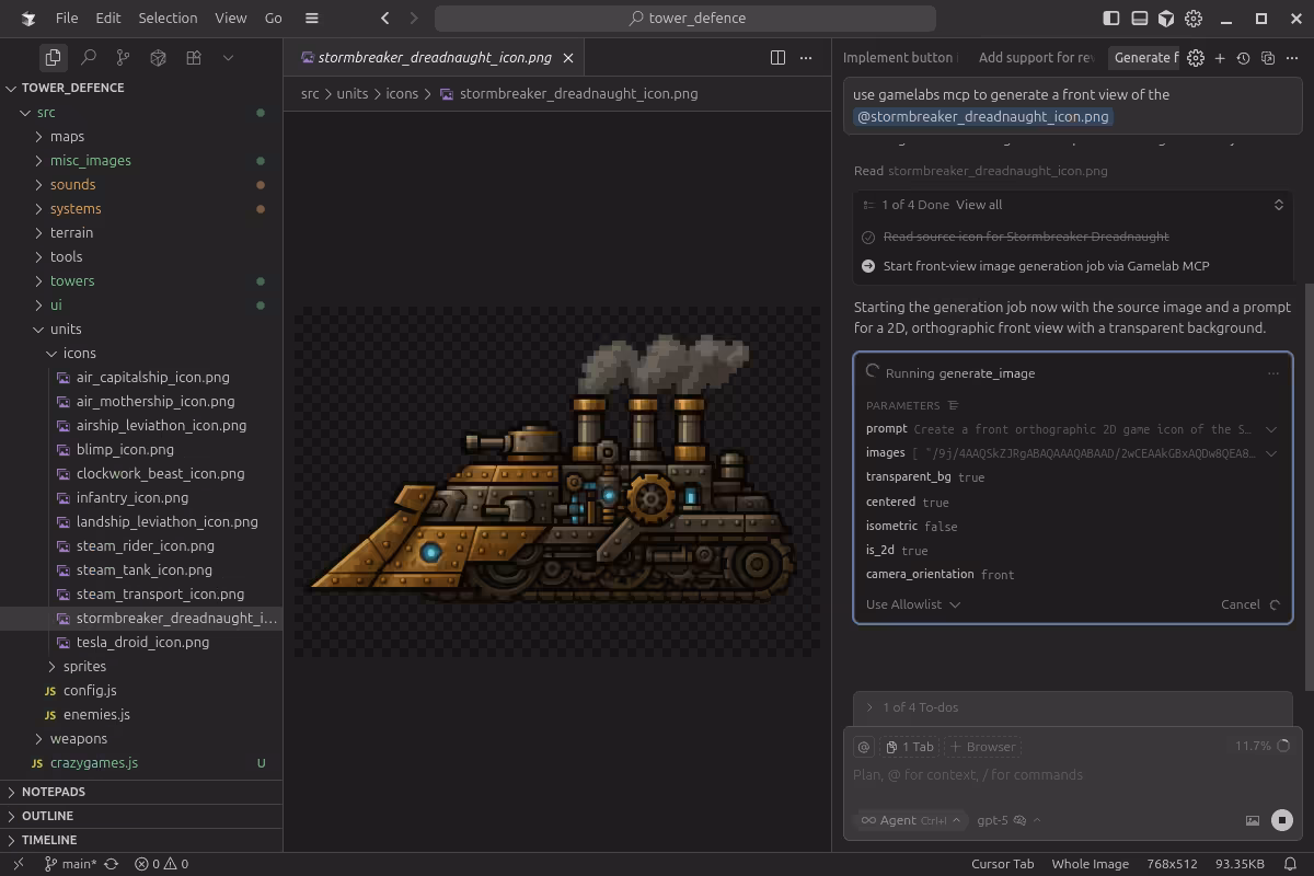 Cursor IDE integrated with the GameLabs MCP server — generate assets without leaving your code editor Cursor editor using Gamelabs MCP server to generate an image