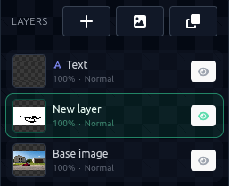Layer panel — reorder, rename, toggle visibility, adjust opacity, and apply blend modes Layer system