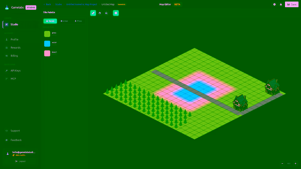 Isometric map editor with tile grid for tactics games and city builders